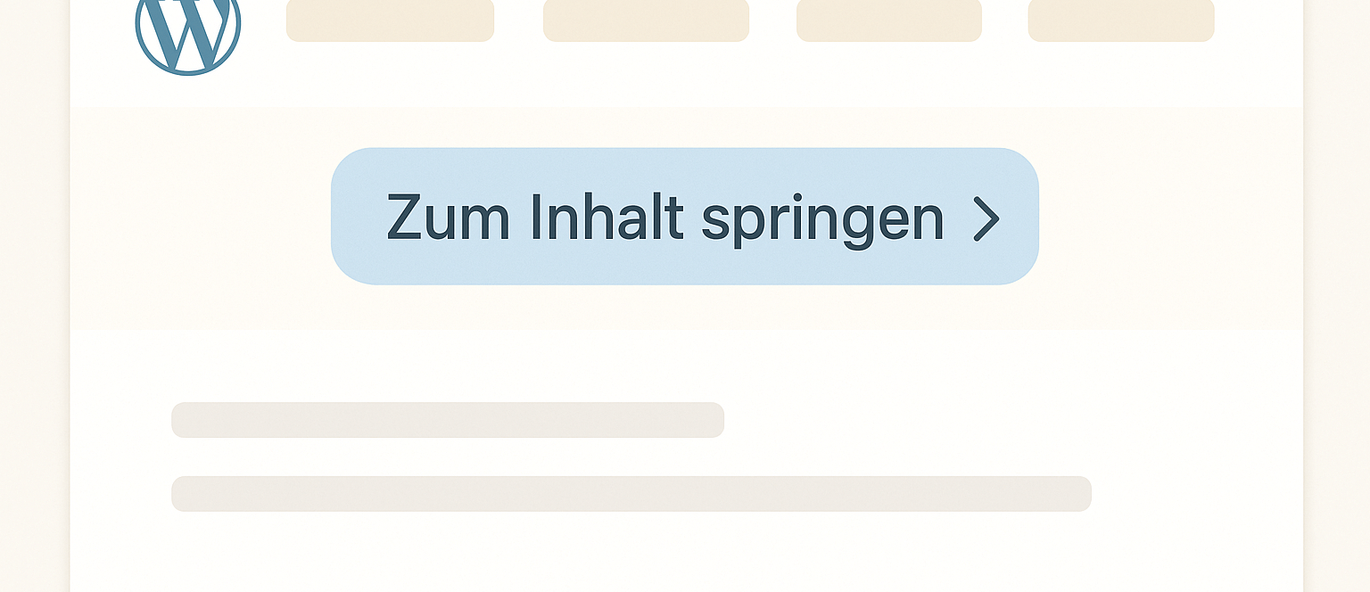 Illustration eines WordPress-Menüs mit hervorgehobenem Button „Zum Inhalt springen“ zur besseren Tastaturnavigation