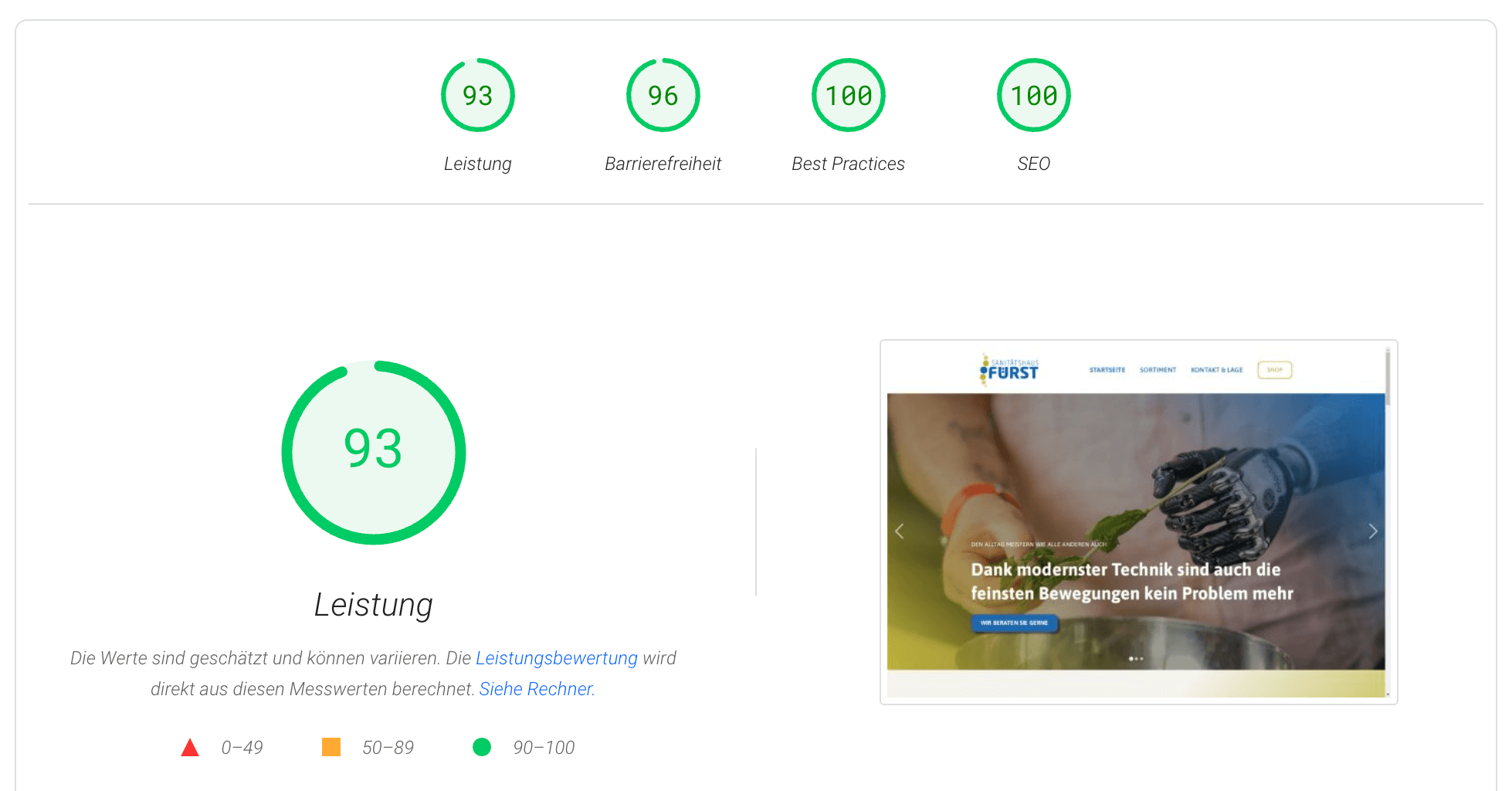 Google PageSpeed 93/100 bei Livegang