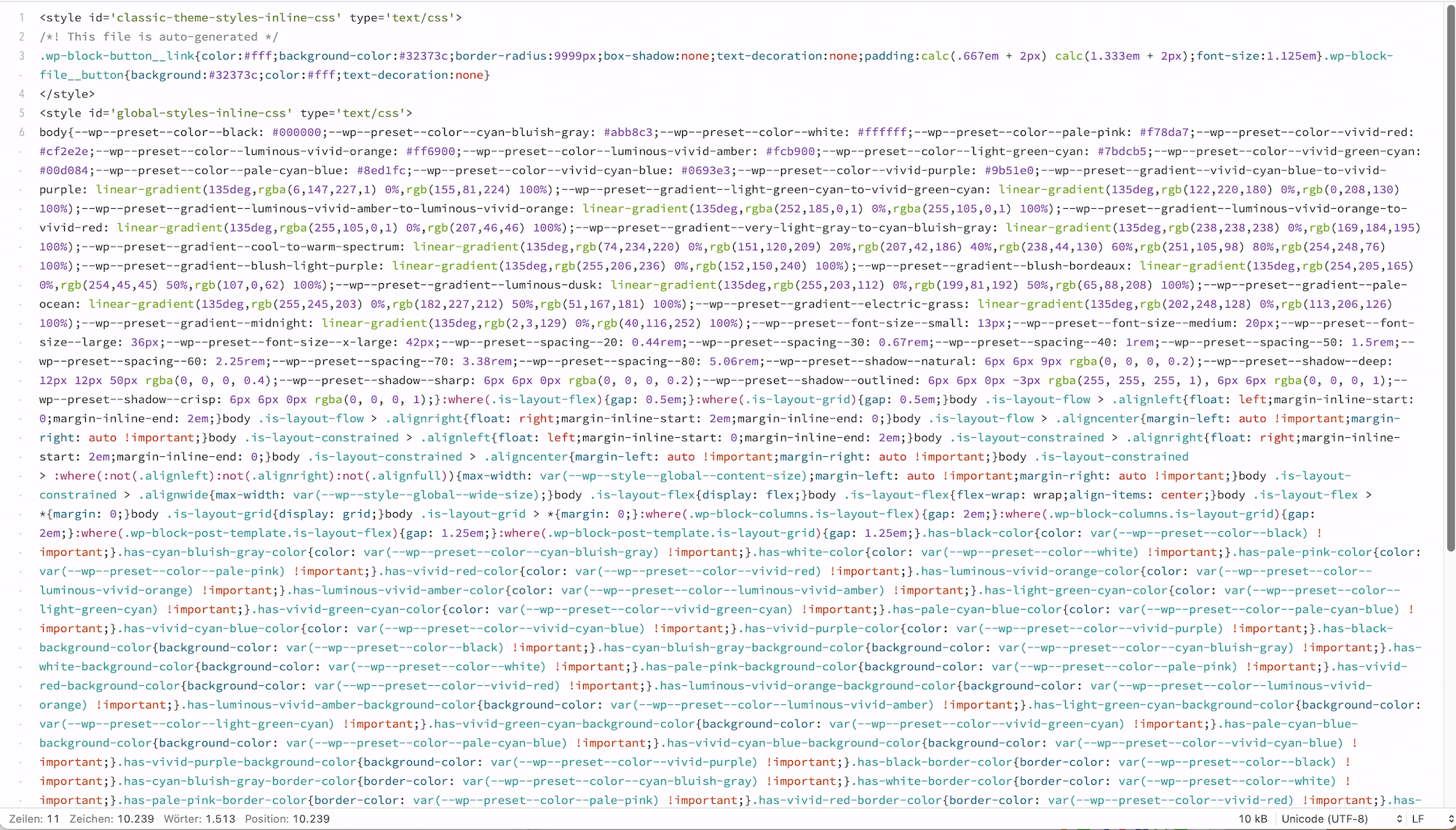 WordPress: auto-generated Gutenberg Code (classic-theme-styles-inline-css & global-styles-inline-css; Auszug)