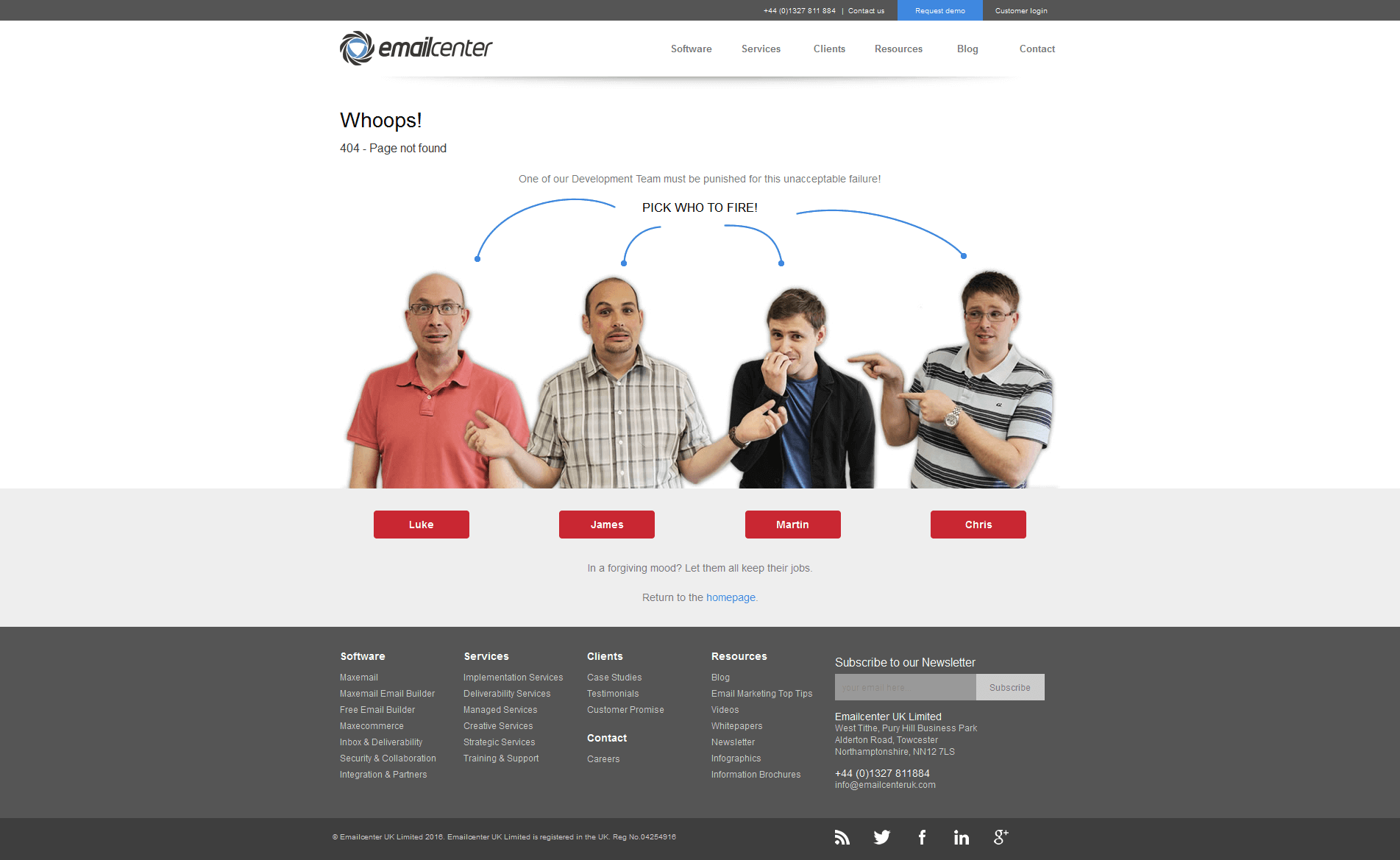 Kreative 404-Fehlerseite vom Emailcenter UK, bei dem ein Person aus dem Entwicklerteam vermeintlich gefeuert werden kann