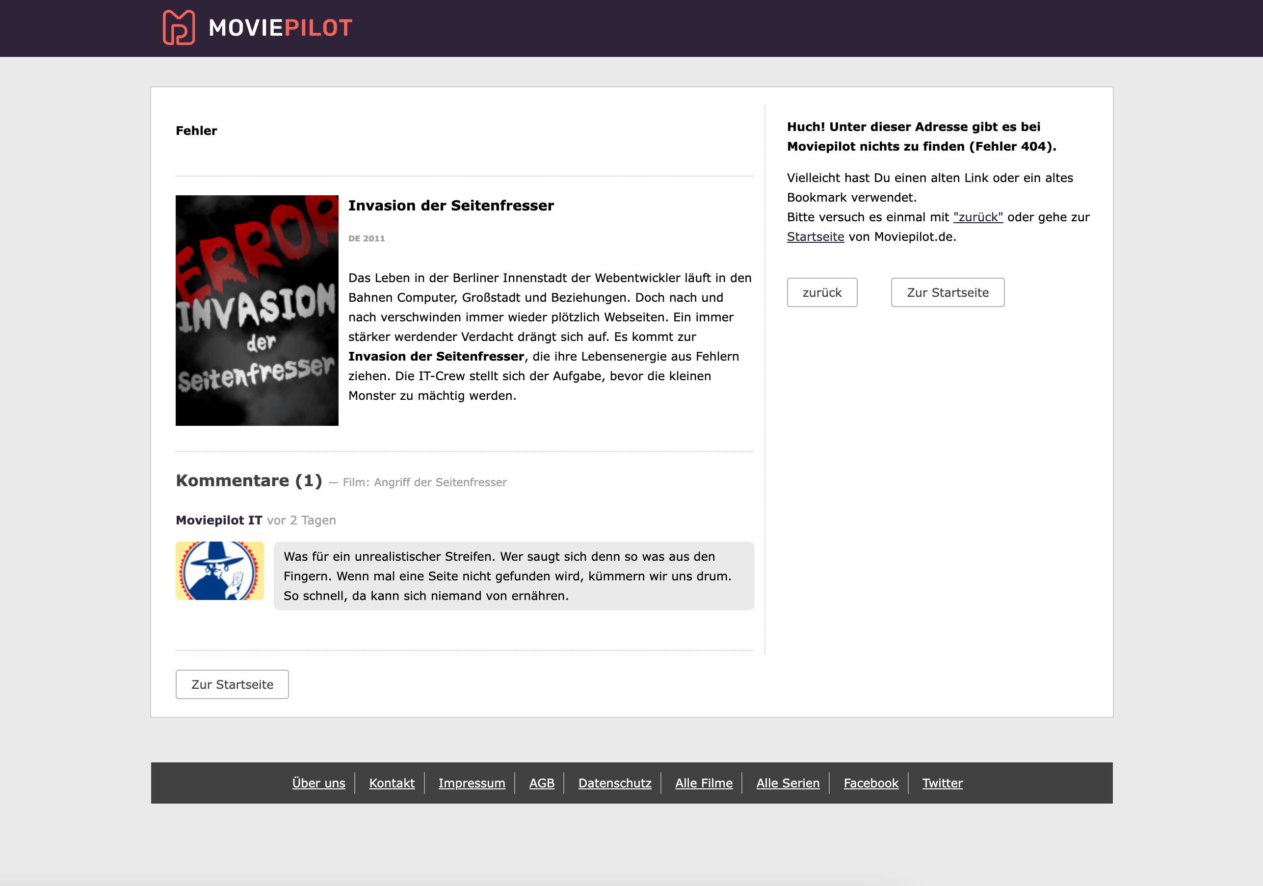 Kreative 404-Fehlerseite von Moviepilot