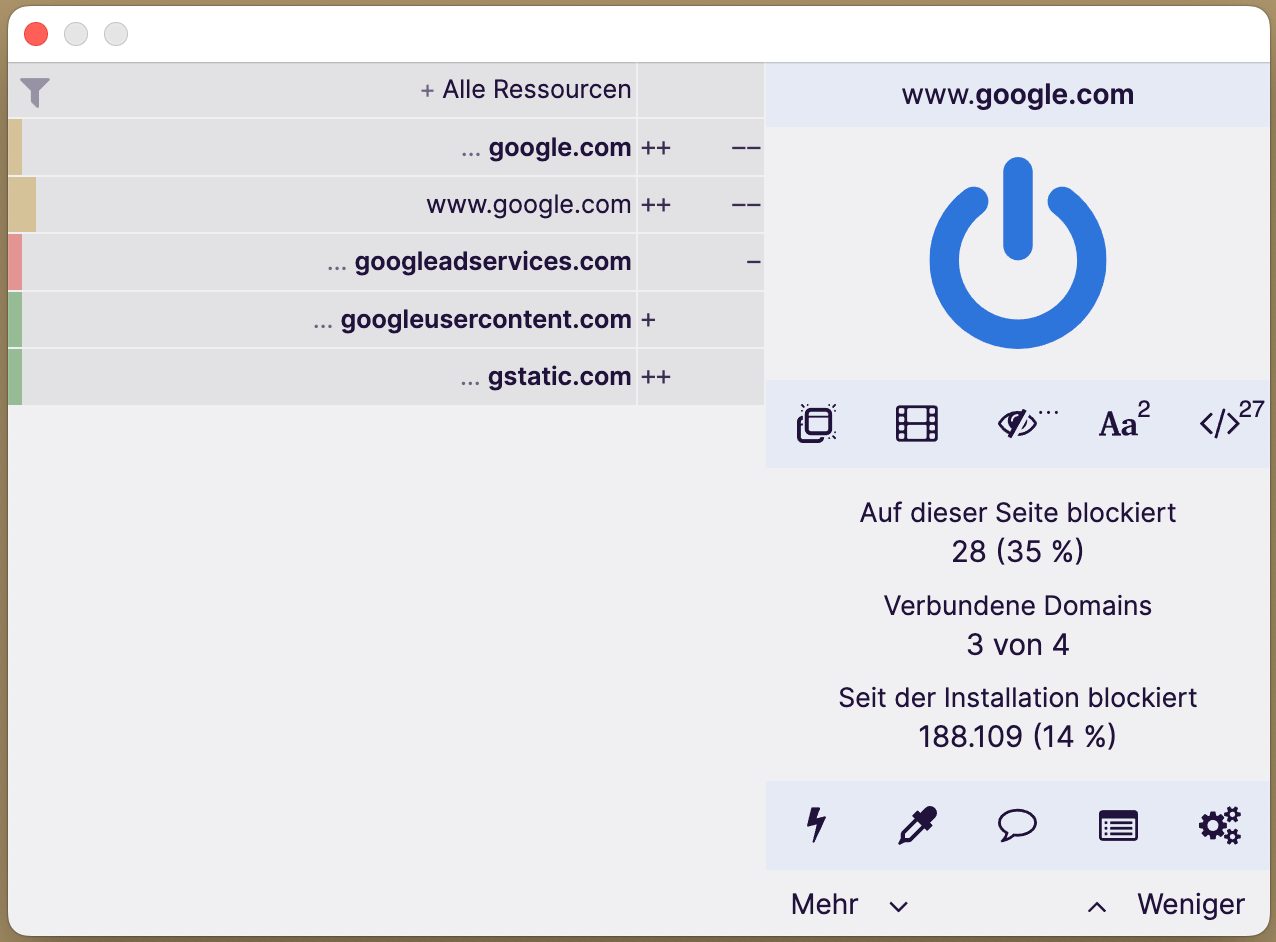 Screenshot der blockierten Inhalte bei einer Google-Suche durch den Adblocker uBlock Origin