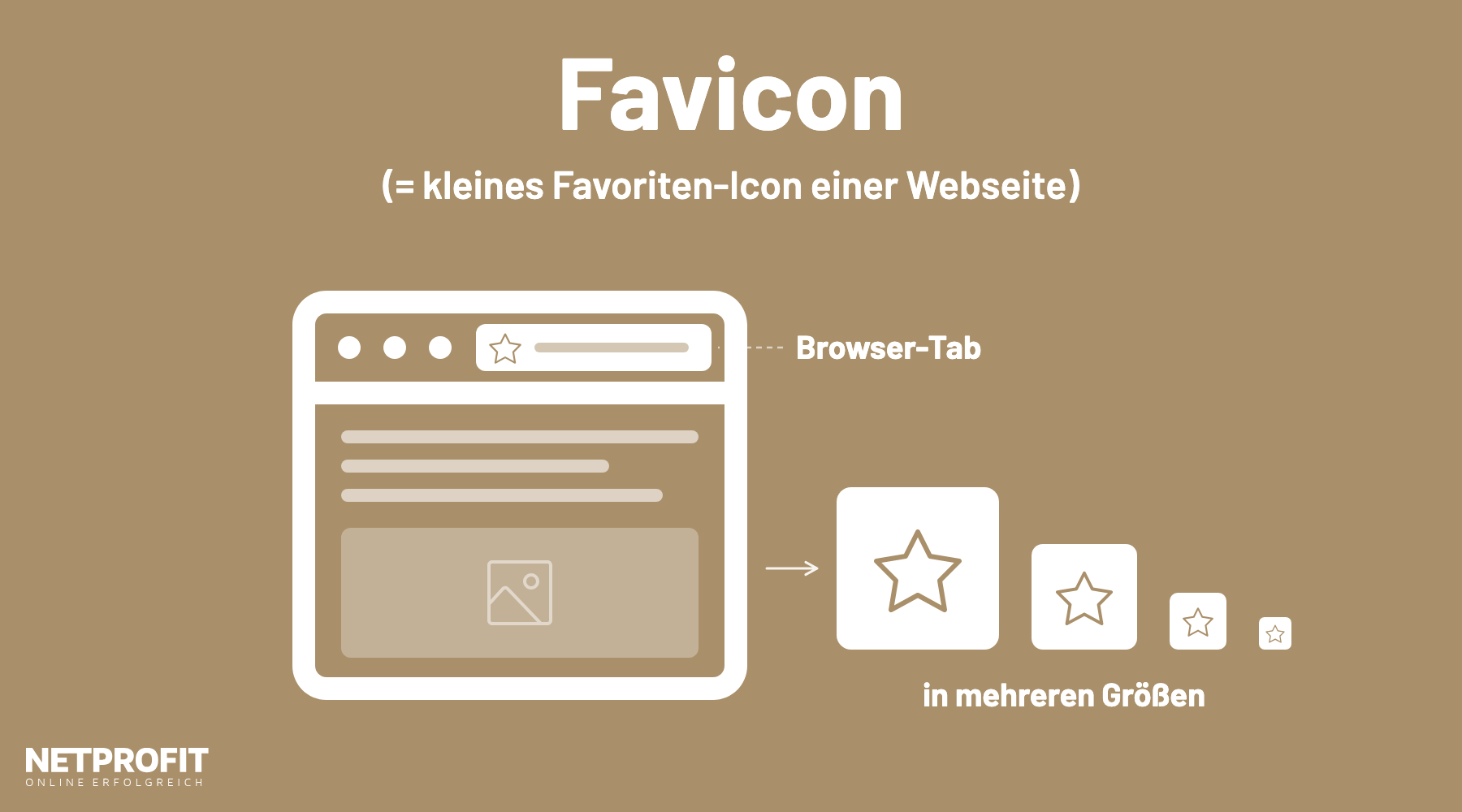 Browserfenster mit Stern-Favicon im Tab, daneben dasselbe Favicon in vier unterschiedlichen Gr&ouml;&szlig;en.