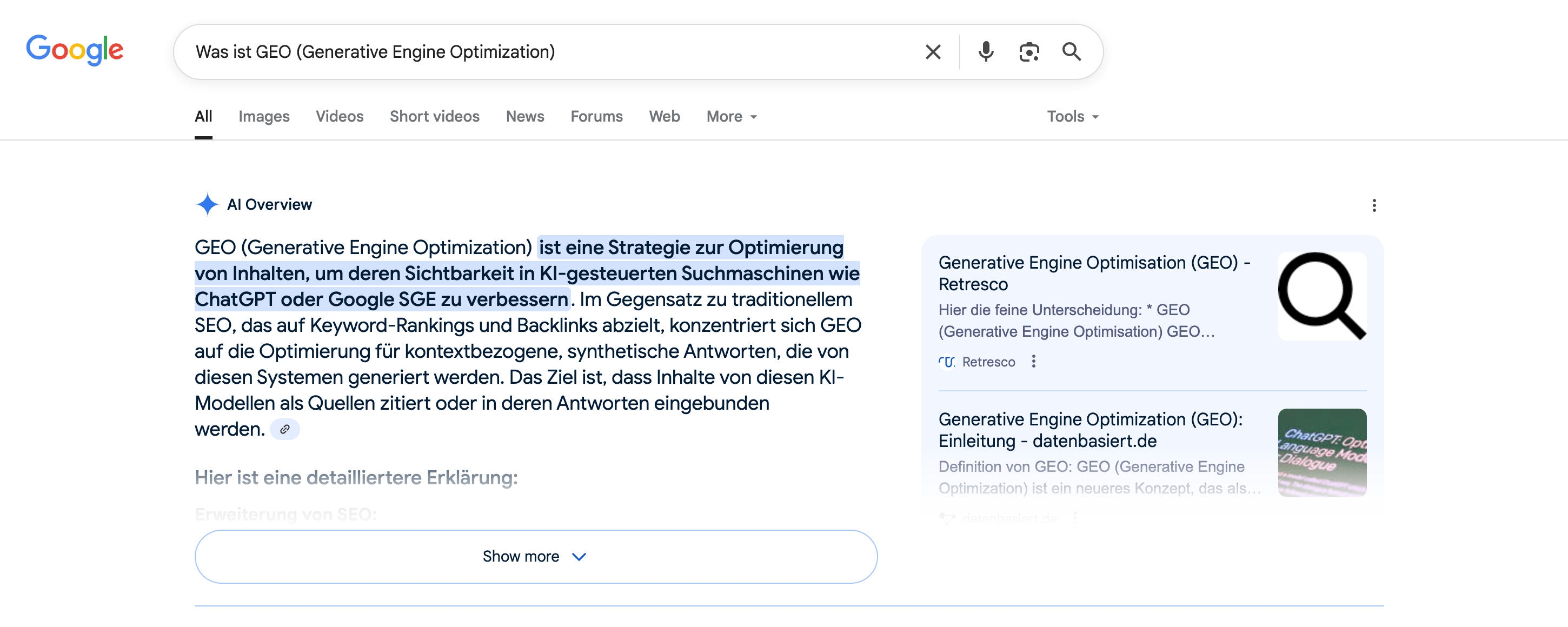 AI Overview zur Google-Suche "Was ist GEO (Generative Engine Optimization)"