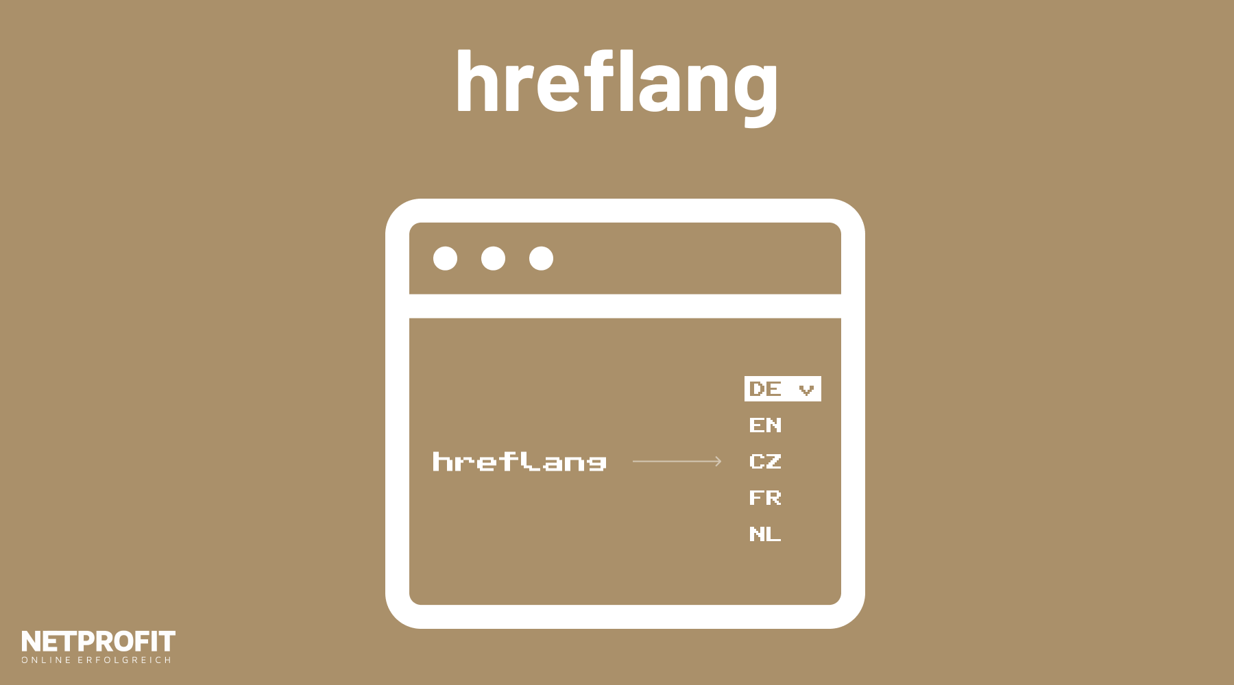Grafik zur Veranschaulichung des hreflang-Tags mit einer Browseransicht und einer Sprachwechselauswahl (DE, EN, CZ, FR, NL).