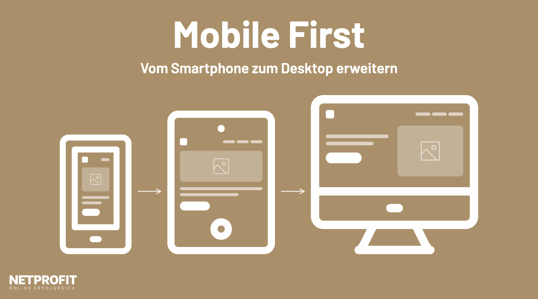 Smartphone, Tablet und Desktop nebeneinander, dasselbe Layout aus Logo, Bild, Text und Button w&auml;chst mit