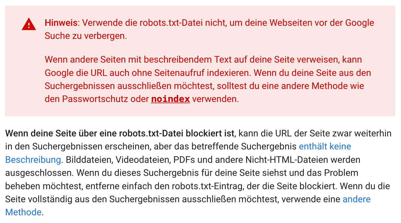 Hinweis von Google zur robots.txt und Indizierung