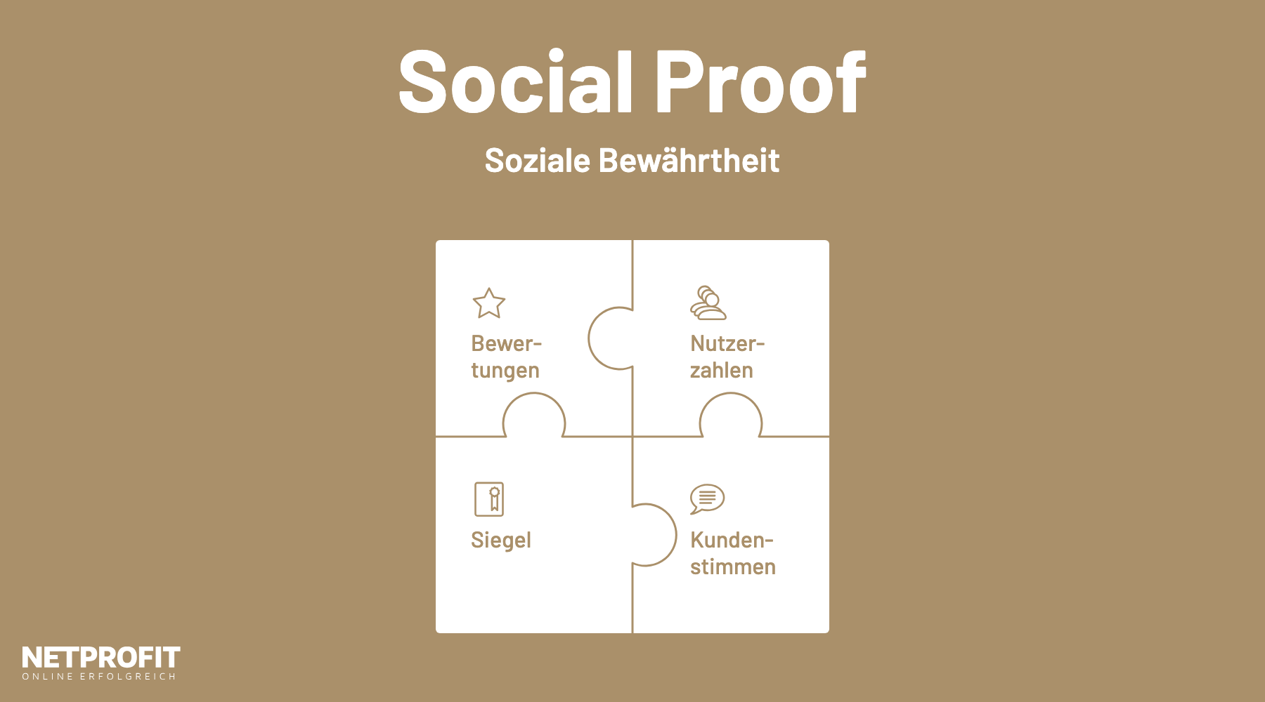 Vier Puzzleteile als Formen von Social Proof: Bewertungen, Nutzerzahlen, Siegel und Kundenstimmen