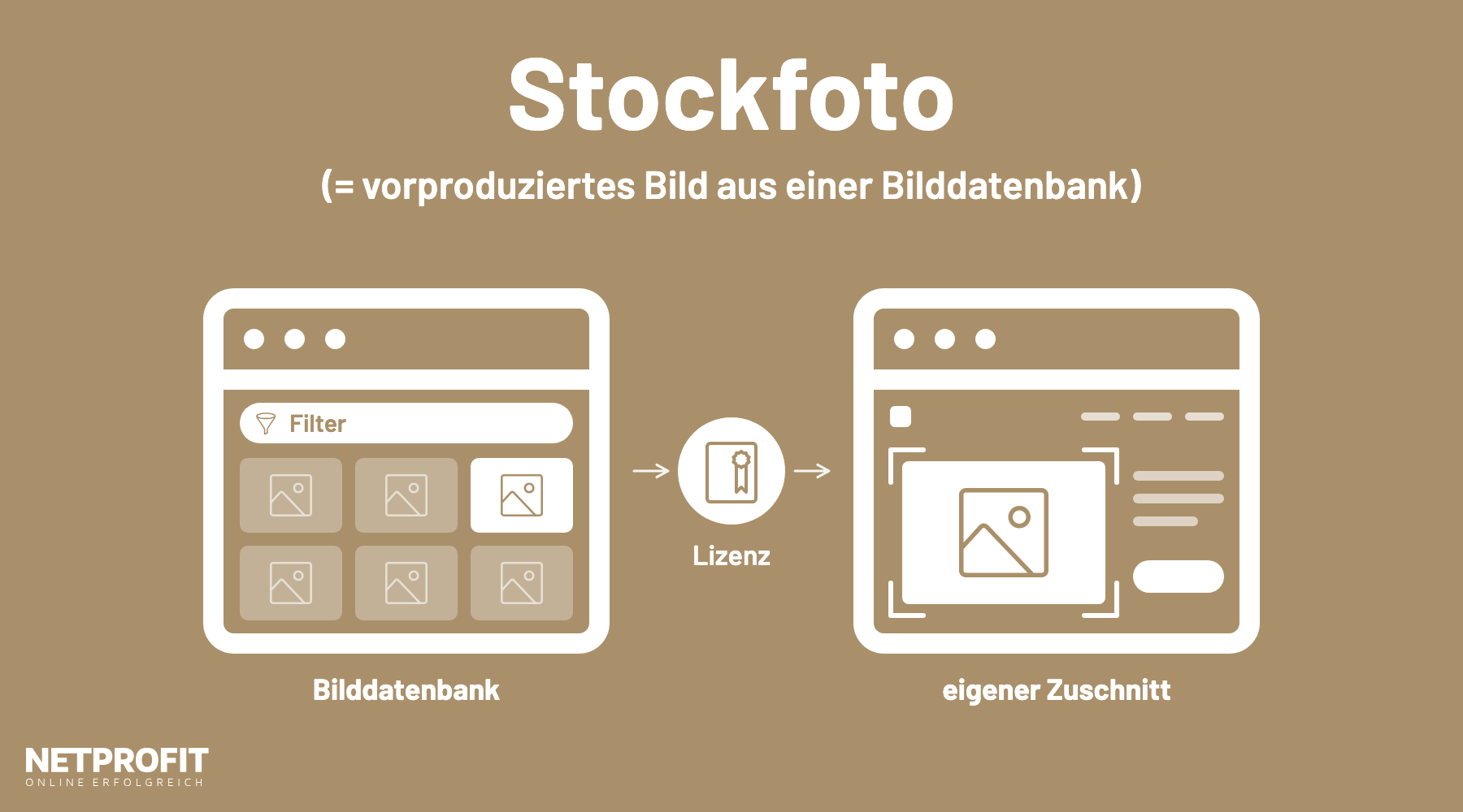 Bilddatenbank mit Filter und Bildraster, daneben ein Lizenzsymbol und eine Webseite mit zugeschnittenem Bild