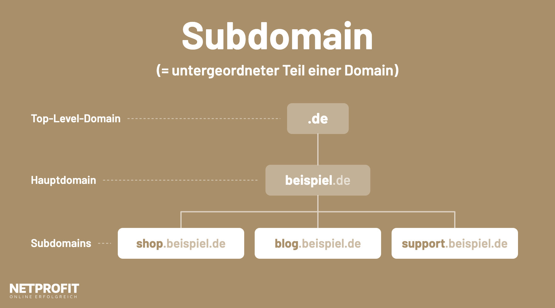 Domain-Baum: Top-Level-Domain .de, Hauptdomain beispiel.de und die Subdomains shop, blog und support