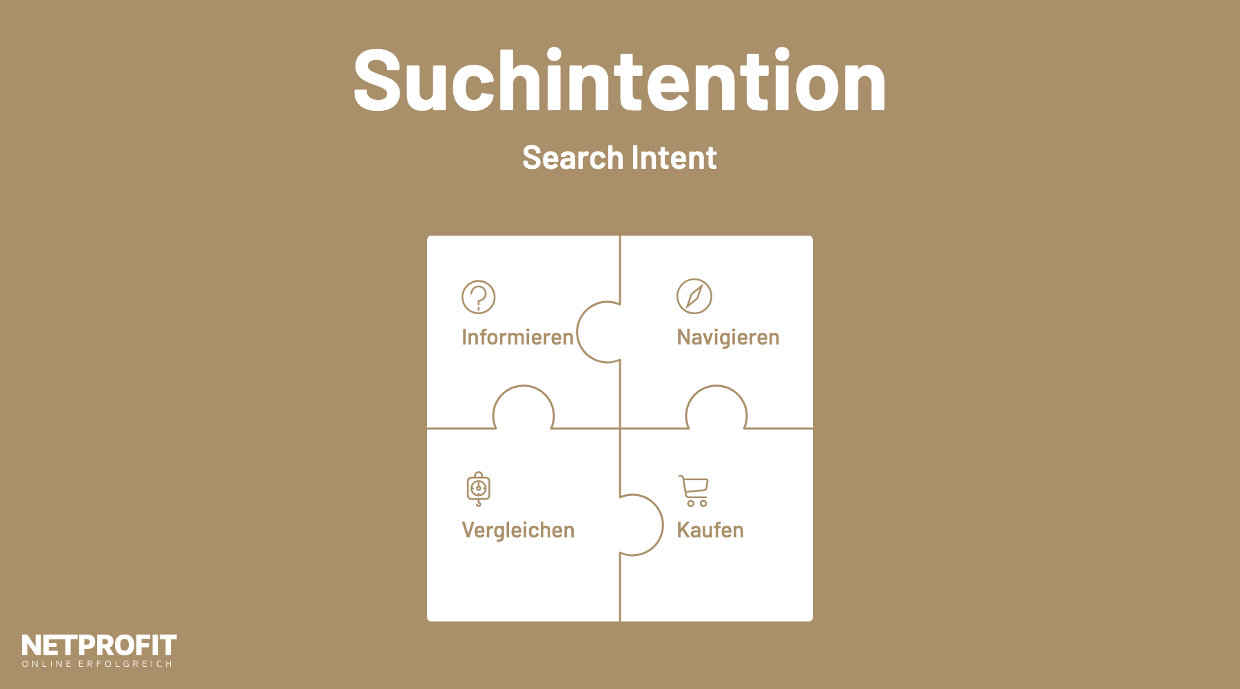 Vier Puzzleteile: Informieren, Navigieren, Vergleichen und Kaufen als Typen der Suchintention