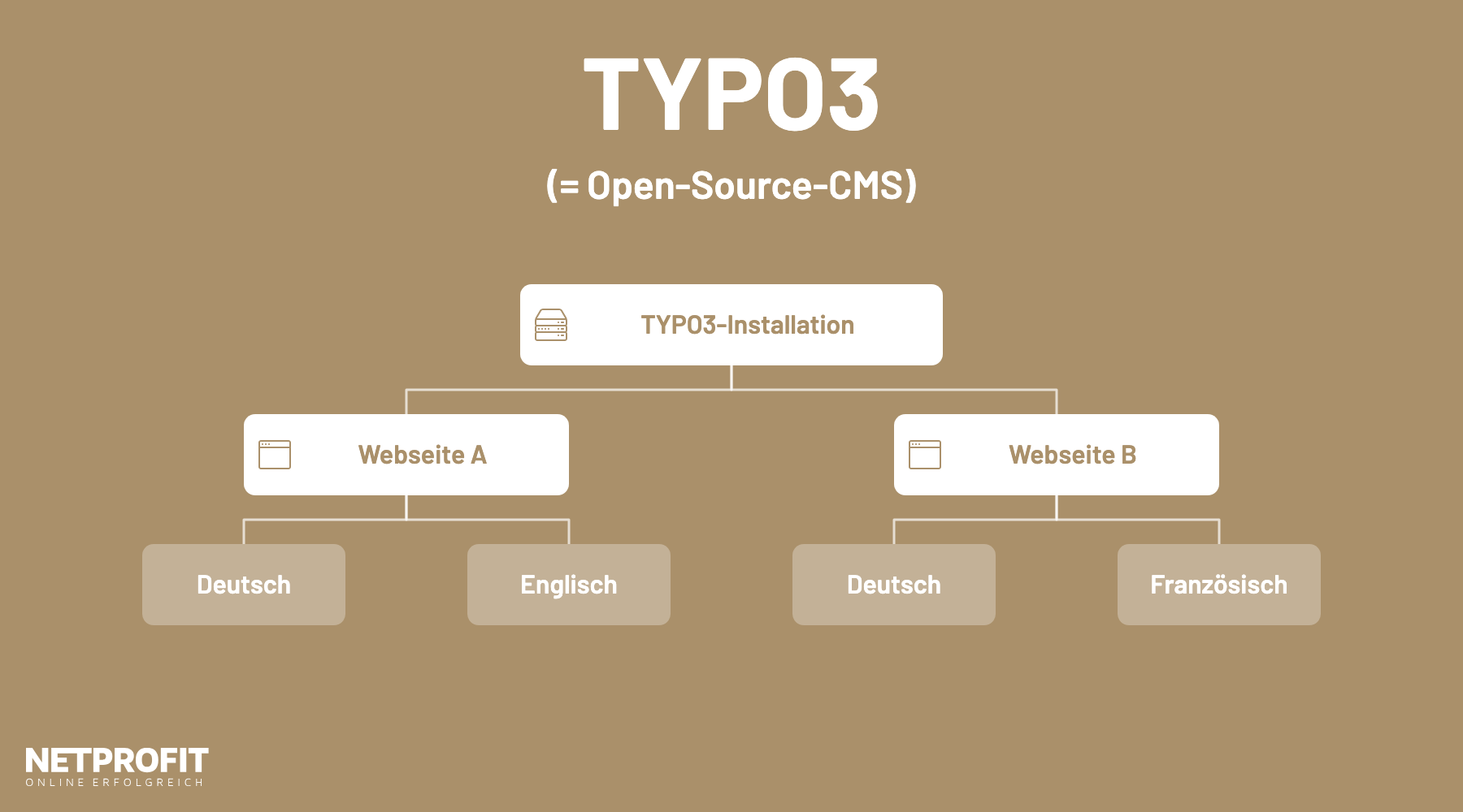 Eine TYPO3-Installation verwaltet zwei Webseiten mit jeweils mehreren Sprachversionen